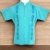 Guayabera Turquesa de Lino Manga Corta con Tejido de Telar y Grecas: Sutil Encanto - Imagen 5