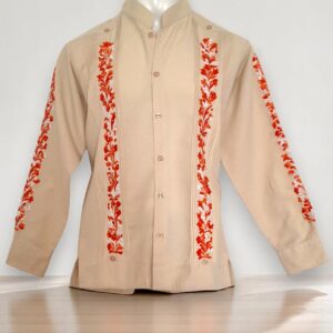 Raíces Oaxaqueñas: Hermosa Guayabera de Lino Beige Bordada a Mano